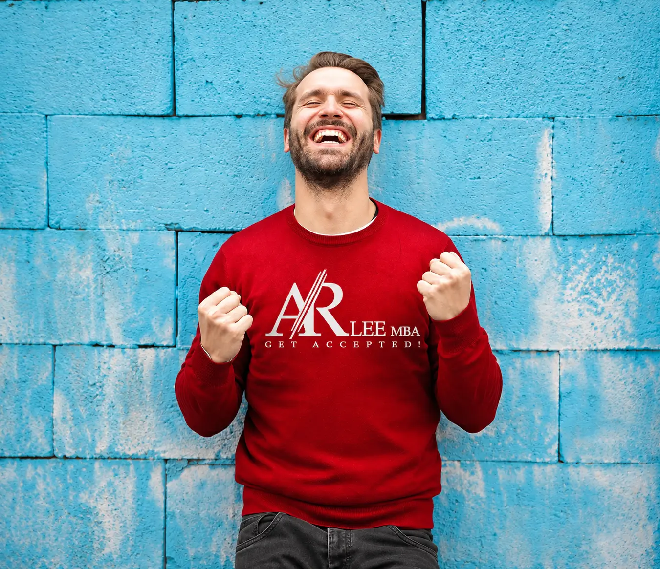 Illustration of guy celebrating his acceptance to business school, symbolizing success in MBA admissions